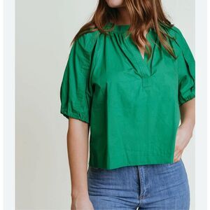 LaRoque Green Cotton Alia Top Size S Puff Sleeve Lightweight Minimalist Spring